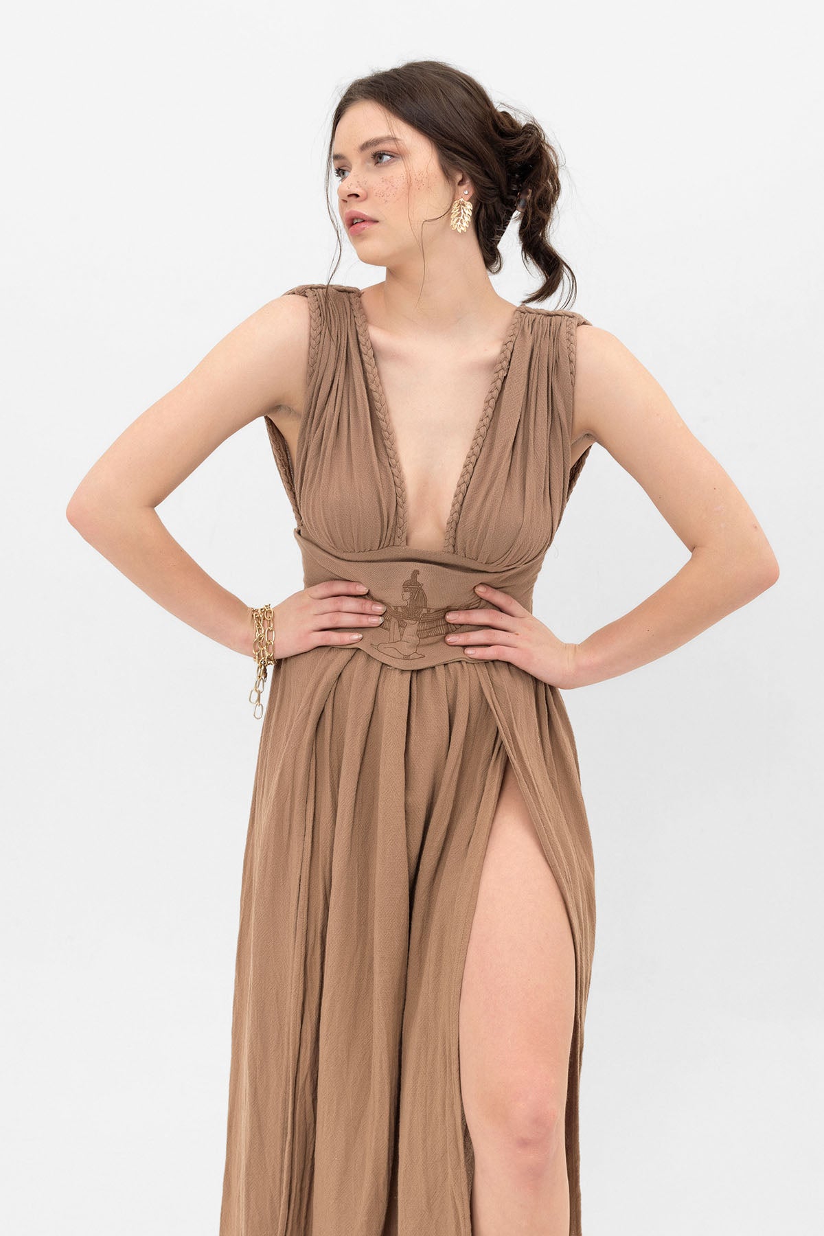 MAAT BELT DETAILED DEEP V-NECK SPECIAL WEAVE COTTON DRESS