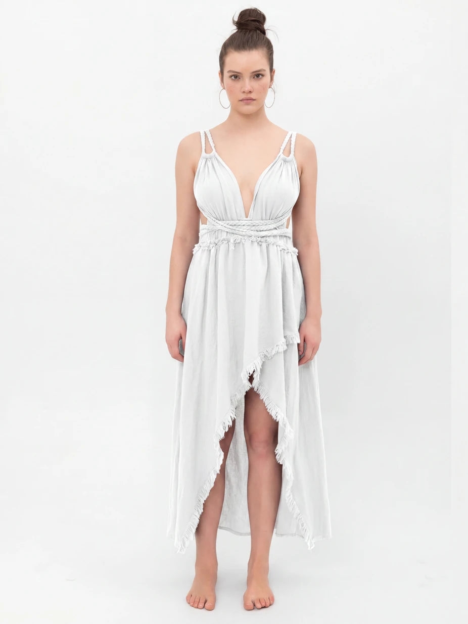 AFRODİT  PİS DİKİŞ DETAYLI ASİMETRİK KATLI PAMUK ELBİSE