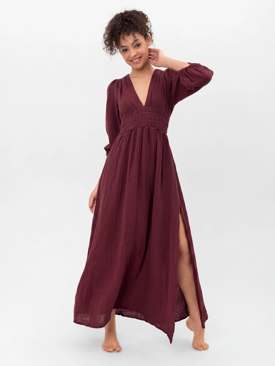 LONG COTTON DRESS WITH THICK WAIST GATHERING