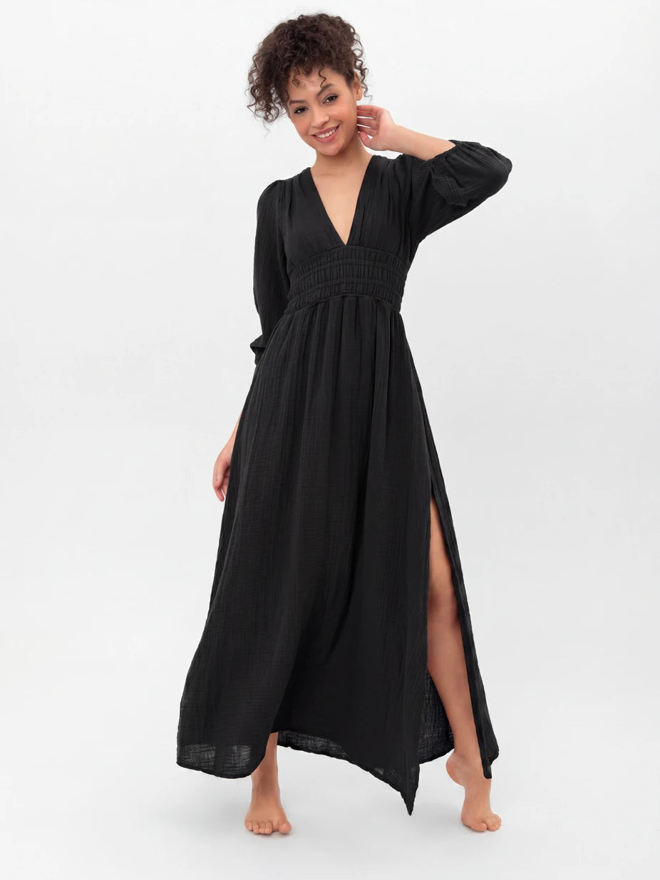LONG COTTON DRESS WITH THICK WAIST GATHERING