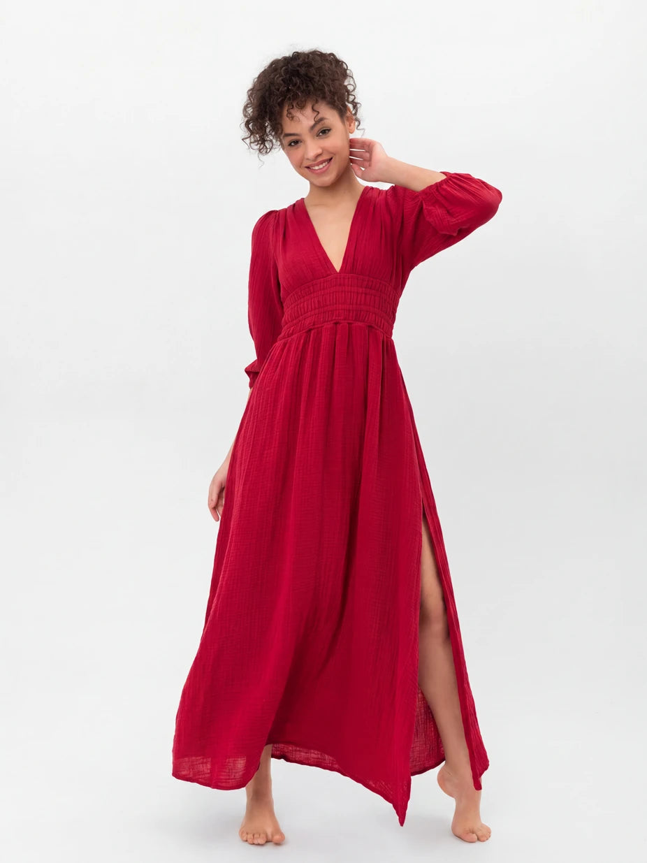 LONG COTTON DRESS WITH THICK WAIST GATHERING