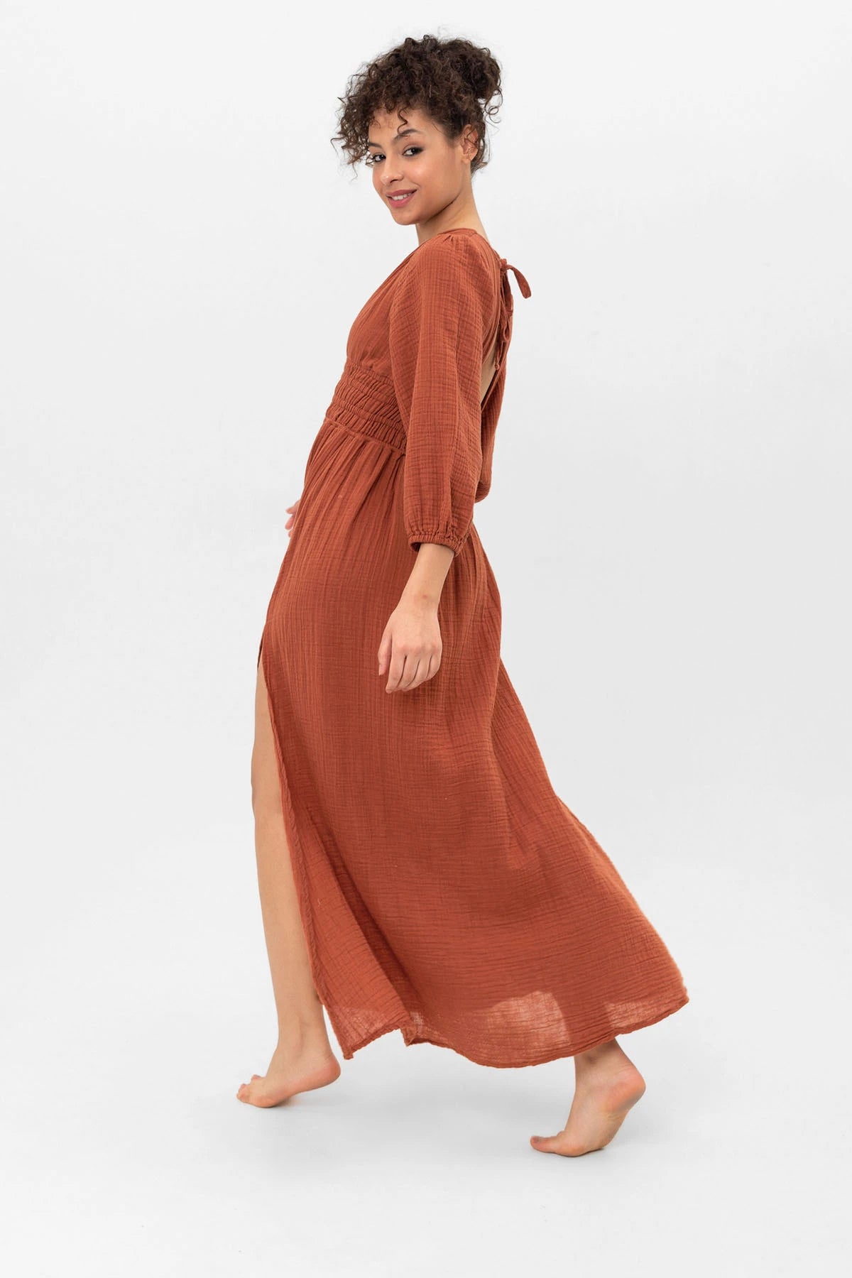 LONG COTTON DRESS WITH THICK WAIST GATHERING